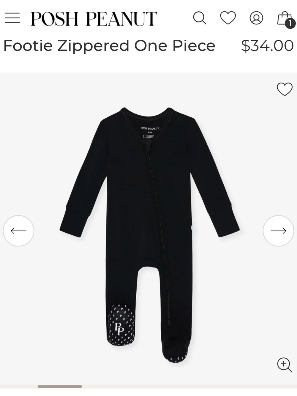 Posh Peanut Black Footie Zippered One-Piece with Non-Slip Soles